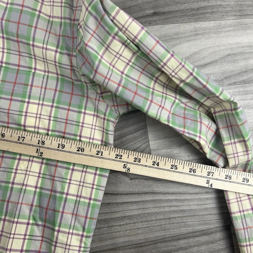 Hickey Freeman Button Down Shirt Mens M Beige Tan Green Plaid Check Dress Casual